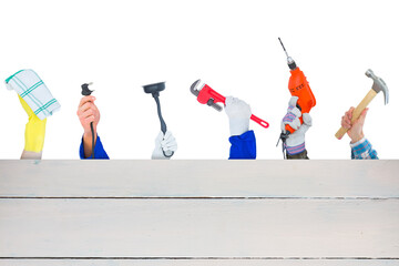 Digital png photo of workers hands holding tools on transparent background