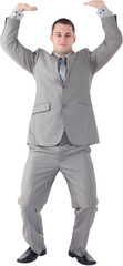 Digital png photo of caucasian businessman holding something up on transparent background