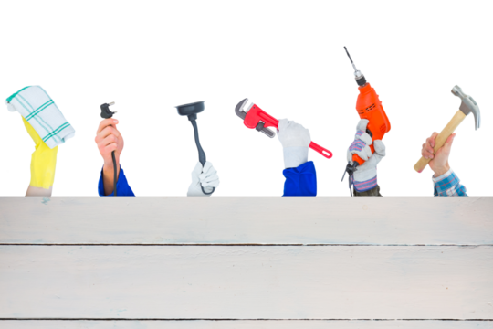 Digital png photo of workers hands holding tools on transparent background