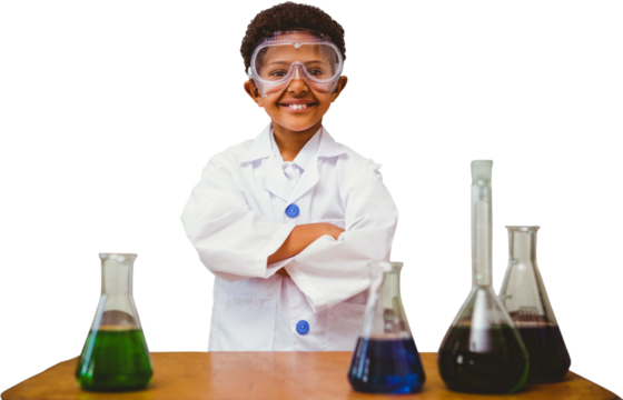 Digital png photo of biracial boy standing in chemical laboratory on transparent background