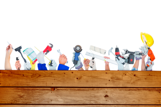 Digital png illustration of hands holding work tools on transparent background