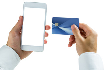 Digital png photo of hands holding smartphone and credit card on transparent background