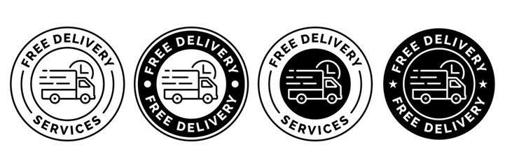 Free delivery shipping icon, home express deliver service vector label with fast car truck. Free shipping delivery badge for mail courier or parcel shipment cargo and food delivery service symbol. © IQ art_Design