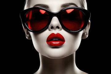 Beautiful woman face with glossy red lips and big sunglasses. © morepiixel