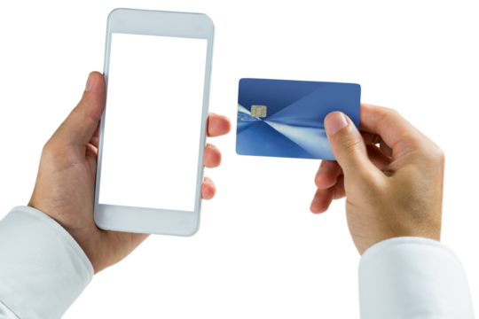 Digital png photo of hands holding smartphone and credit card on transparent background