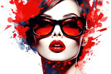 Beautiful woman face with glossy red lips and big sunglasses.