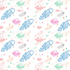 Digital png illustration of rockets,planets and asteroids repeated on transparent background