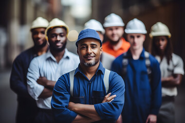 diverse Group of workers engineer teamwork people mix race in standing confident selective focus at center man - obrazy, fototapety, plakaty