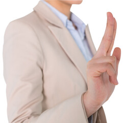 Digital png photo of mid section of asian businesswoman pointing finger on transparent background