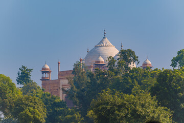 Garlic dome architecture of the Taj Mahal temple, Agra, Uttar Pradesh, India is built of white...