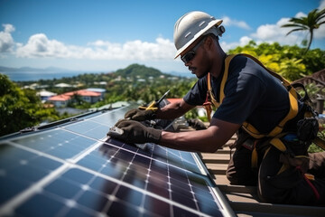 Workers install solar panels on the roof of the house, eco energy, green technologies, sustainable resources