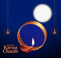 Vector illustration poster of Indian festival Karwa Chauth on blue color background with sieve, diya and moon.
