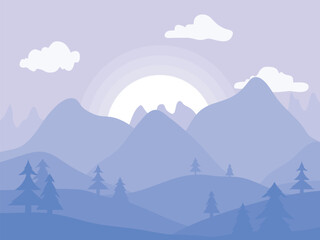 beautiful mountain views with trees.  flat landscape illustration.  vector design