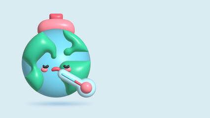3d earth globe icon with sick face. Hot thermometer increase temperature. global warming