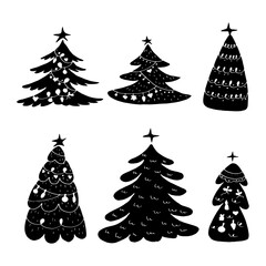Christmas Fir Tree Decorated with Star and Baubles Doodle Contour Vector Set