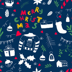 Christmas Seamless Pattern Design with Doodle Elements and Hand Drawn Lettering Vector Template
