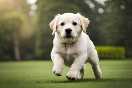White Labrador retriever puppy dog running in a garden and having fun