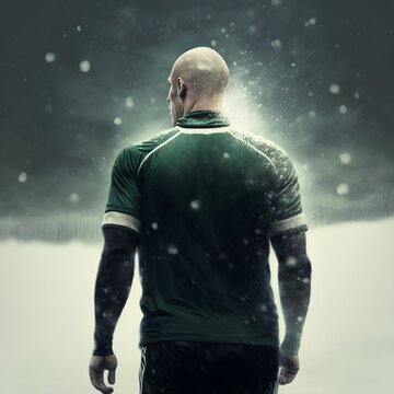 Enormous Icelandic Footballer Musclar Skinhead Very Dark Green Soccer Shirt Number 10 View From Behind Walking Forward View From Over Shoulder Waist High Shot Winter Morning Light Snow Illuminated 