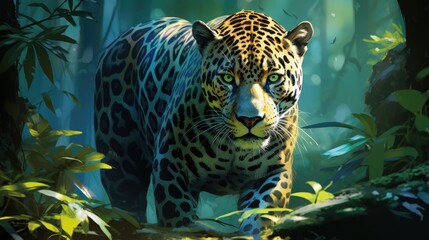 Jaguar in the forest Attractive image of a powerful hunter jaguar