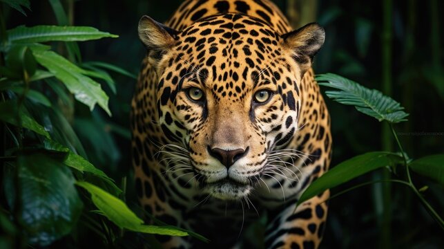 Jaguar in the forest Attractive image of a powerful hunter jaguar