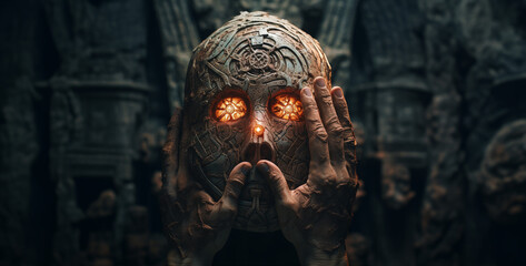 scary halloween ghost, ancient occult stone in hand fantasy art style hd wallpaper