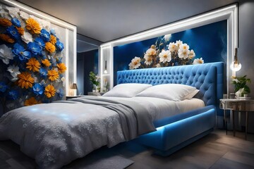 luxury white color bed, with painting of flowers, with lights