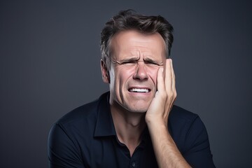 Middle aged Caucasian man on dark grey background touching her face and closing eyes with expression of horrible suffer from health problem and aching tooth, showing dissatisfaction.