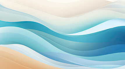 Ocean water wave cartoon fun illustration, copy space for text. Blue yellow calm lake ripples background for pool party, lake camping or beach travel. Web banner backdrop graphic. Hand painted details