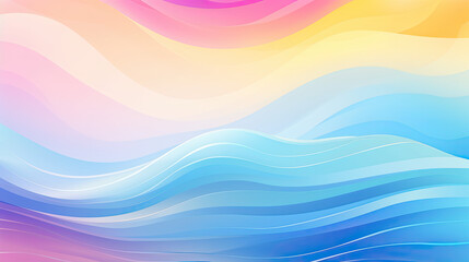 Obraz premium Rainbow wave abstract colorful background. Water waves, sky clouds texture blue, yellow, pink copy space for text. Ripples cartoon, ocean wave illustration for pool swim party, beach travel.