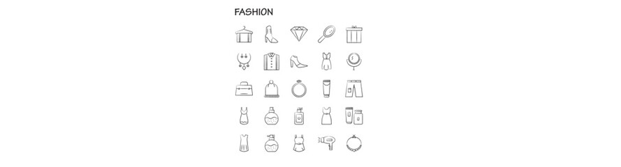 Clothes accessories line icons set. Glasses, backpack, umbrella, cufflinks, wallet, apron, hadkerchief, fedora visualization vector illustration. Outline signs of fashion supplement. Editable