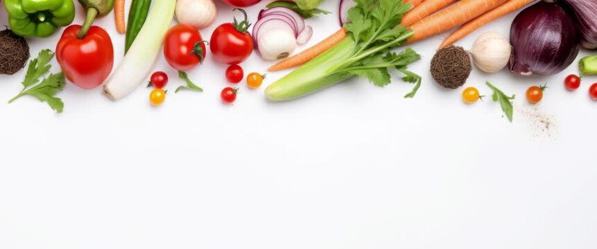 Anamorphic video fresh vegetables frame on kitchen table with space for text