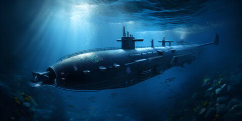 Generic military nuclear submarine floating in the middle of the ocean while shooting an undersea torpedo missile, wide banner with copy space  - obrazy, fototapety, plakaty