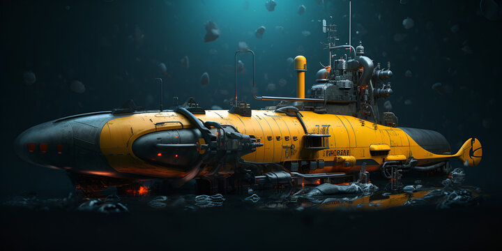 The yellow submarine that is called the yellow submarine,Technological submarine nautilus in the water column 3d image
