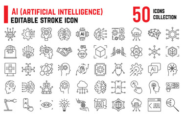 Set of 50 AI Artificial Intelligence Editable Icon Set. AI icons includes machine learning, cloud computing, AI technology, future, robots, chat boots, big data. AI Line Icons - obrazy, fototapety, plakaty