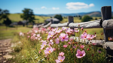 a charming country path edged with pink blossoms, with a wooden fence leading towards rustic farmhouses amidst a serene pastoral landscape under a bright blue sky. - obrazy, fototapety, plakaty