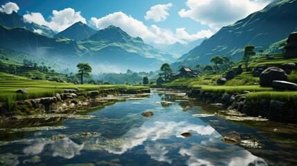 Fototapeta premium a tranquil scene of a reflective river running through terraced rice fields with mountains in the distance under a partly cloudy sky.