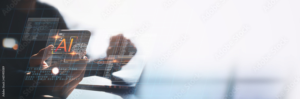 Poster ai artificial intelligence, innovation technology concept, businessman using ai technology on laptop