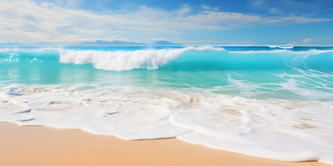 Fototapeta na wymiar Beautiful tropical wave of summer sea surf. Soft turquoise blue ocean wave on the golden sandy beach