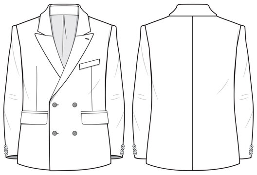 Men's double breast notch lapel Blazer Jacket suit design flat sketch fashion illustration technical drawing with front and back view