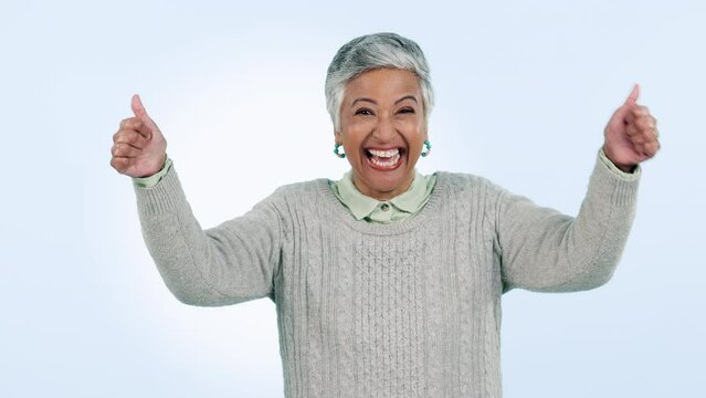 Senior, woman and counting on fingers in studio with happiness for child development, learning and math. Old person, hands and numbers for online class and education or teaching on blue background