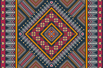 Colorful embroidery ethnic geometric pattern. Vector geometric floral shape seamless pattern pixel art style. Ethnic geometric stitch pattern use for textile, border, wallpaper, cushion, carpet, etc.