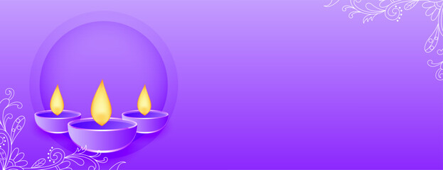 shubh diwali purple banner with image or text space and diya design