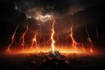 lightning strike land earth in night 