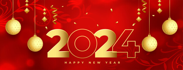 line style 2024 new year invitation banner with hanging xmas ball
