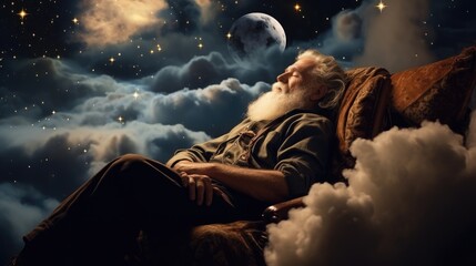 older man sleep at night on cloud, relax concept lullaby  - obrazy, fototapety, plakaty