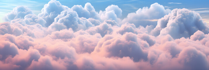 Beautiful background image of a romantic blue sky with soft fluffy pink clouds. Panoramic natural view of a dreamy sky - obrazy, fototapety, plakaty