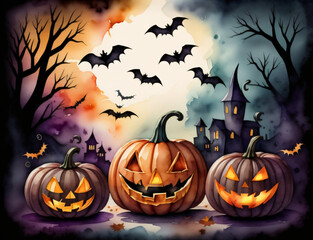 Halloween arrière-plan aquarelle citrouille forêt chauve-souris. Créé avec la technologie de l'IA