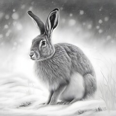 graphite drawing of winter hare 