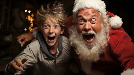 Santa Claus and teen boy making excited expression at Christmas time