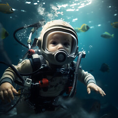 baby wearing scuba gear underwater